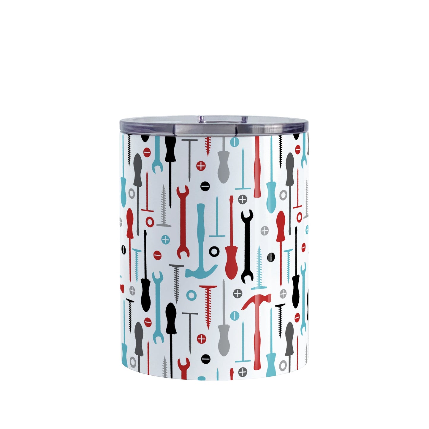 Red Turquoise Tools Pattern Tumbler Cup (10oz, stainless steel insulated) at Amy's Coffee Mugs. A tumbler cup with a modern style pattern of tools in red, turquoise, black, and gray over white that wraps around the cup. Perfect for any handyman or contractor. 