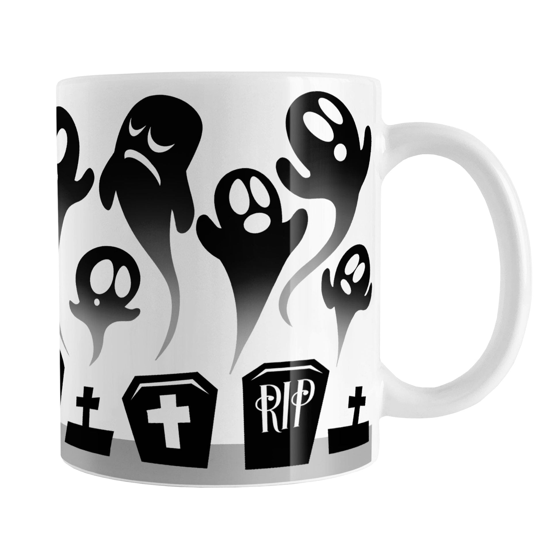 Rising Ghosts Halloween Mug (11oz) at Amy's Coffee Mugs.A ceramic coffee mug featuring whimsical ghosts rising above cemetery gravestones in a black and white design that wraps around the mug up to the handle. 