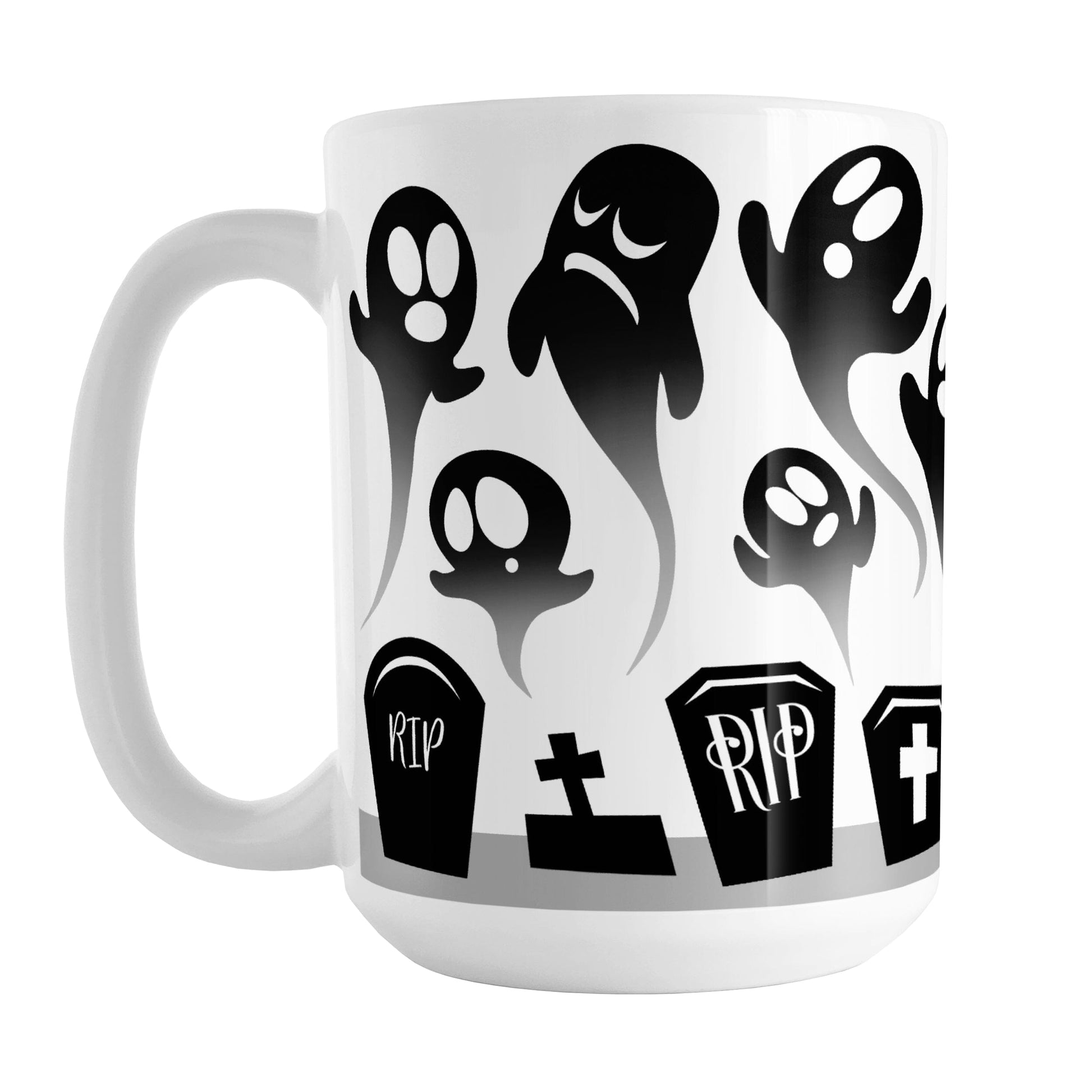 Rising Ghosts Halloween Mug (15oz) at Amy's Coffee Mugs.A ceramic coffee mug featuring whimsical ghosts rising above cemetery gravestones in a black and white design that wraps around the mug up to the handle. 