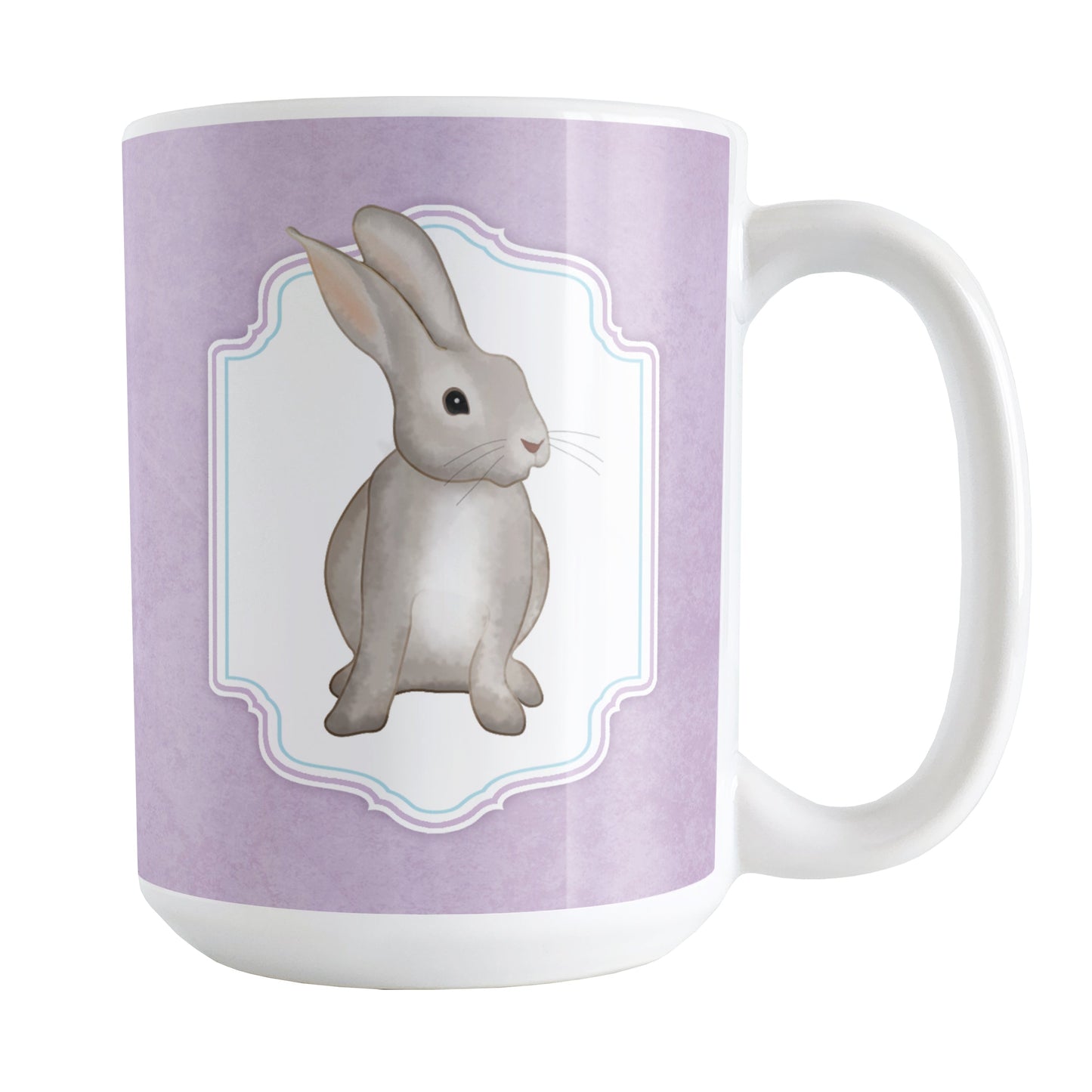 Rustic Purple Rabbit Mug (15oz) at Amy's Coffee Mugs. A ceramic coffee mug designed with a watercolor inspired illustration of a brown bunny rabbit in a white frame area outlined in purple and blue, over a rustic purple background that wraps around the mug to the handle. This bunny illustration is on both sides of this purple rabbit mug.