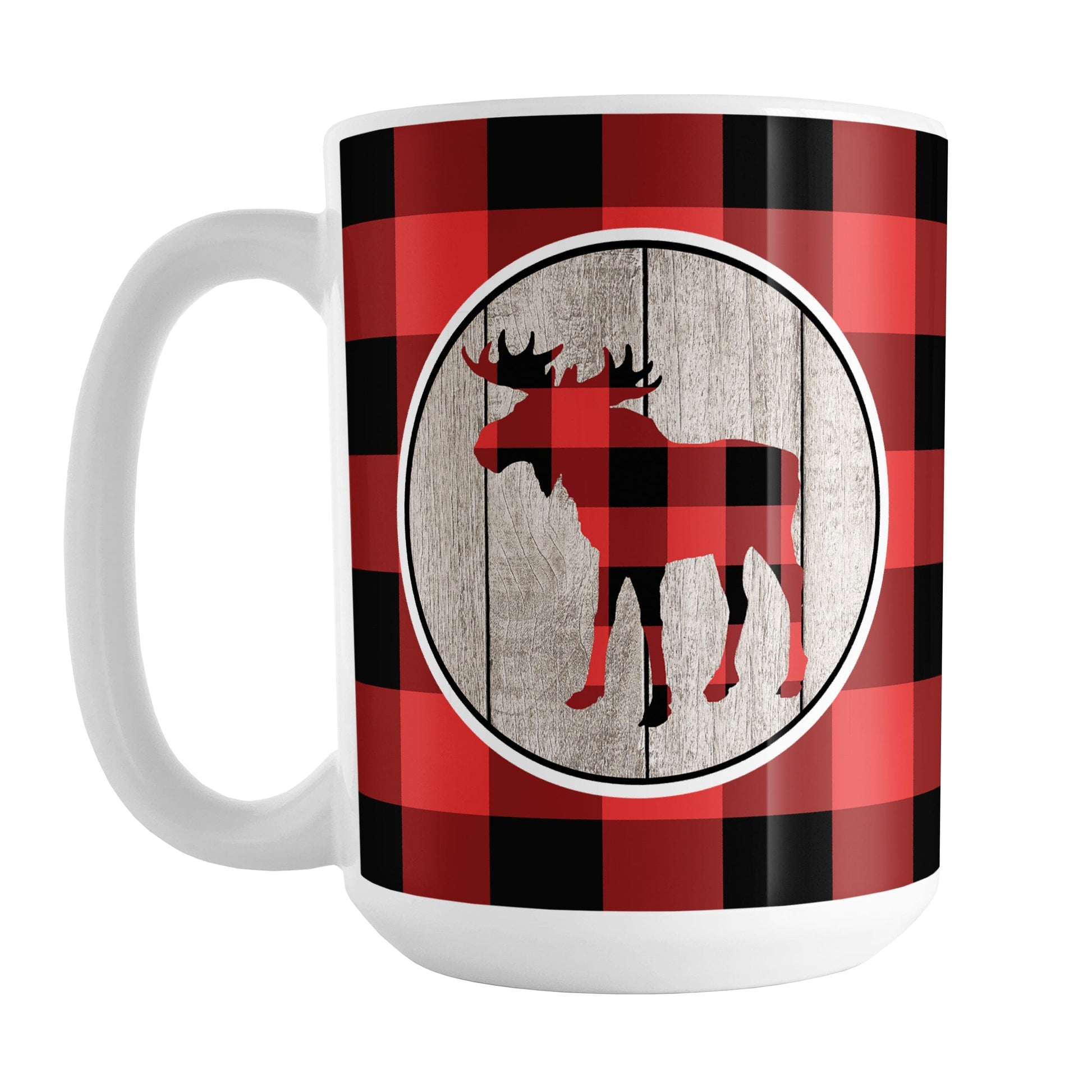 Rustic Red Buffalo Plaid Moose Mug (15oz) at Amy's Coffee Mugs. A ceramic coffee mug designed with a red and black buffalo plaid pattern moose silhouette in a rustic wood circle design, on both sides of the mug over a red and black buffalo plaid pattern.