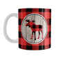 Rustic Red Buffalo Plaid Moose Mug (11oz) at Amy's Coffee Mugs. A ceramic coffee mug designed with a red and black buffalo plaid pattern moose silhouette in a rustic wood circle design, on both sides of the mug over a red and black buffalo plaid pattern.