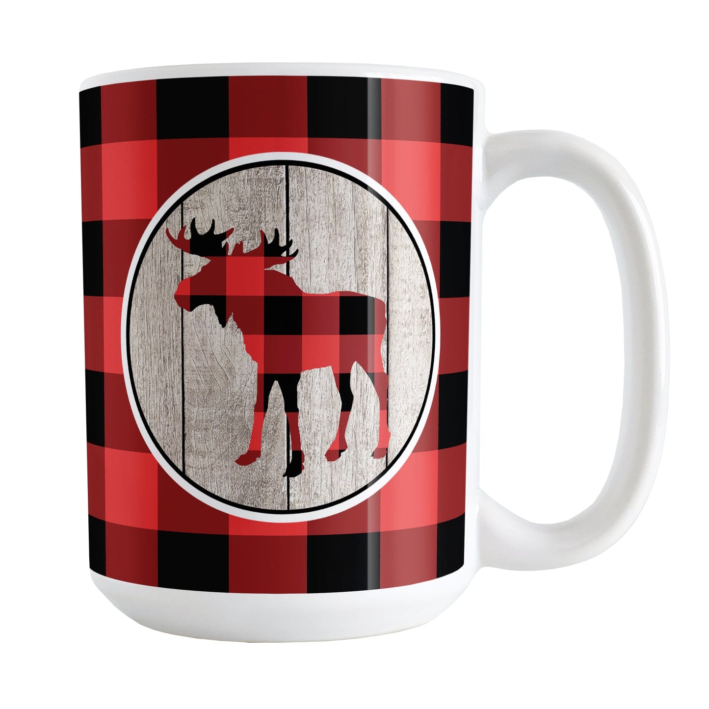 Rustic Red Buffalo Plaid Moose Mug (15oz) at Amy's Coffee Mugs. A ceramic coffee mug designed with a red and black buffalo plaid pattern moose silhouette in a rustic wood circle design, on both sides of the mug over a red and black buffalo plaid pattern.