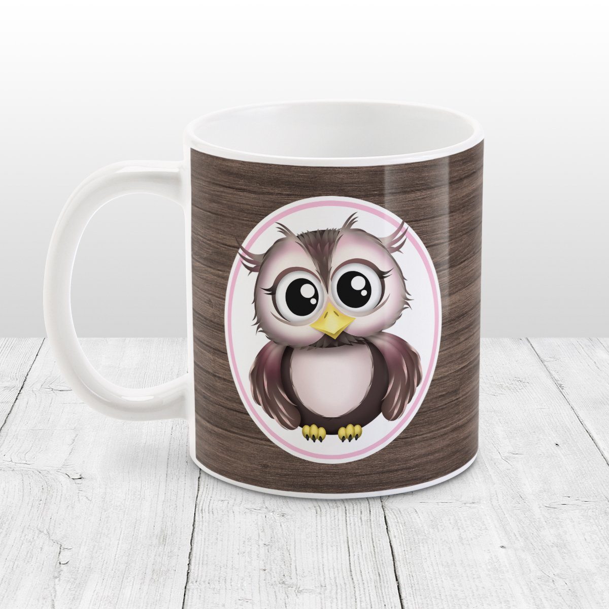 Rustic Wood Pink and Brown Owl Mug at Amy's Coffee Mugs