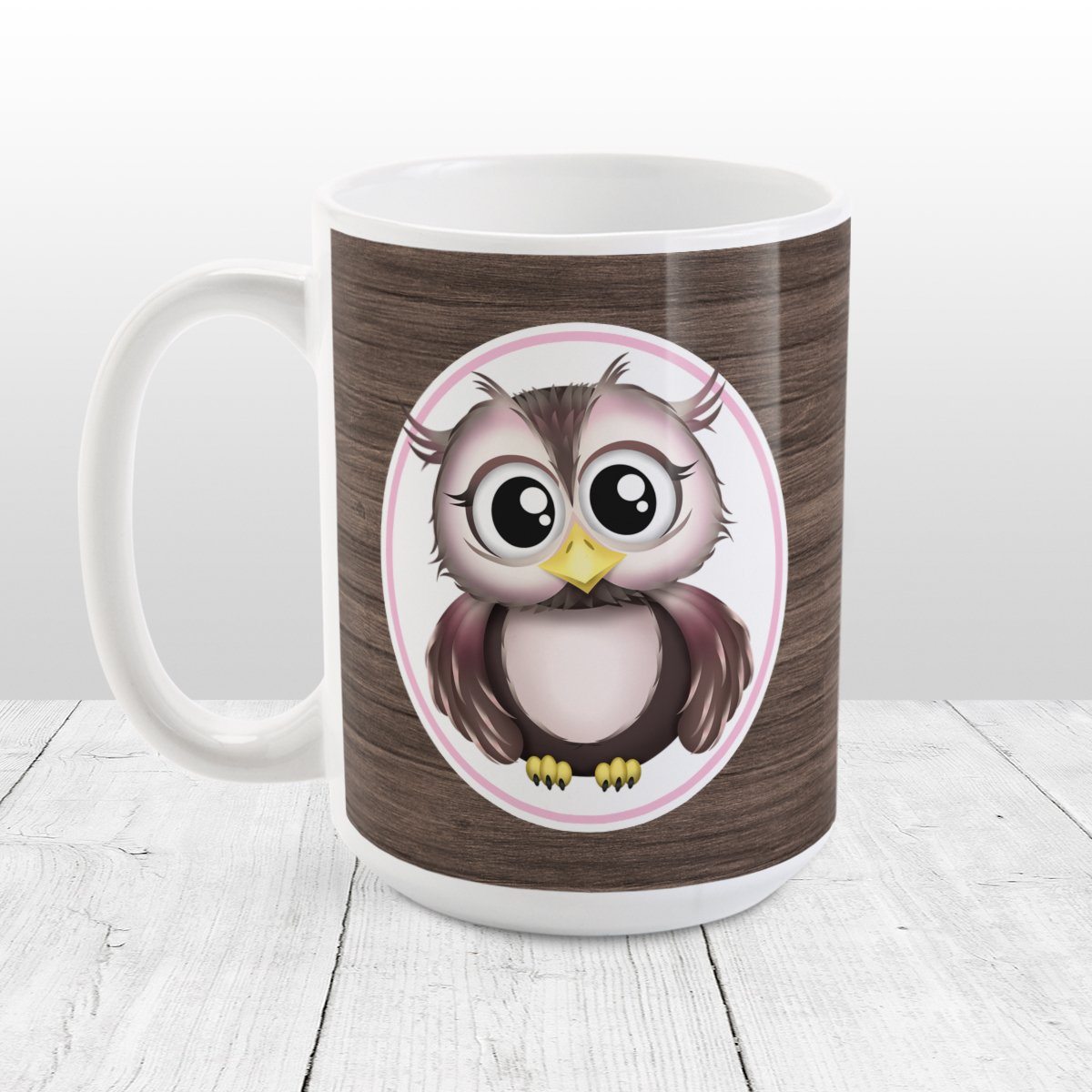 Rustic Wood Pink and Brown Owl Mug at Amy's Coffee Mugs