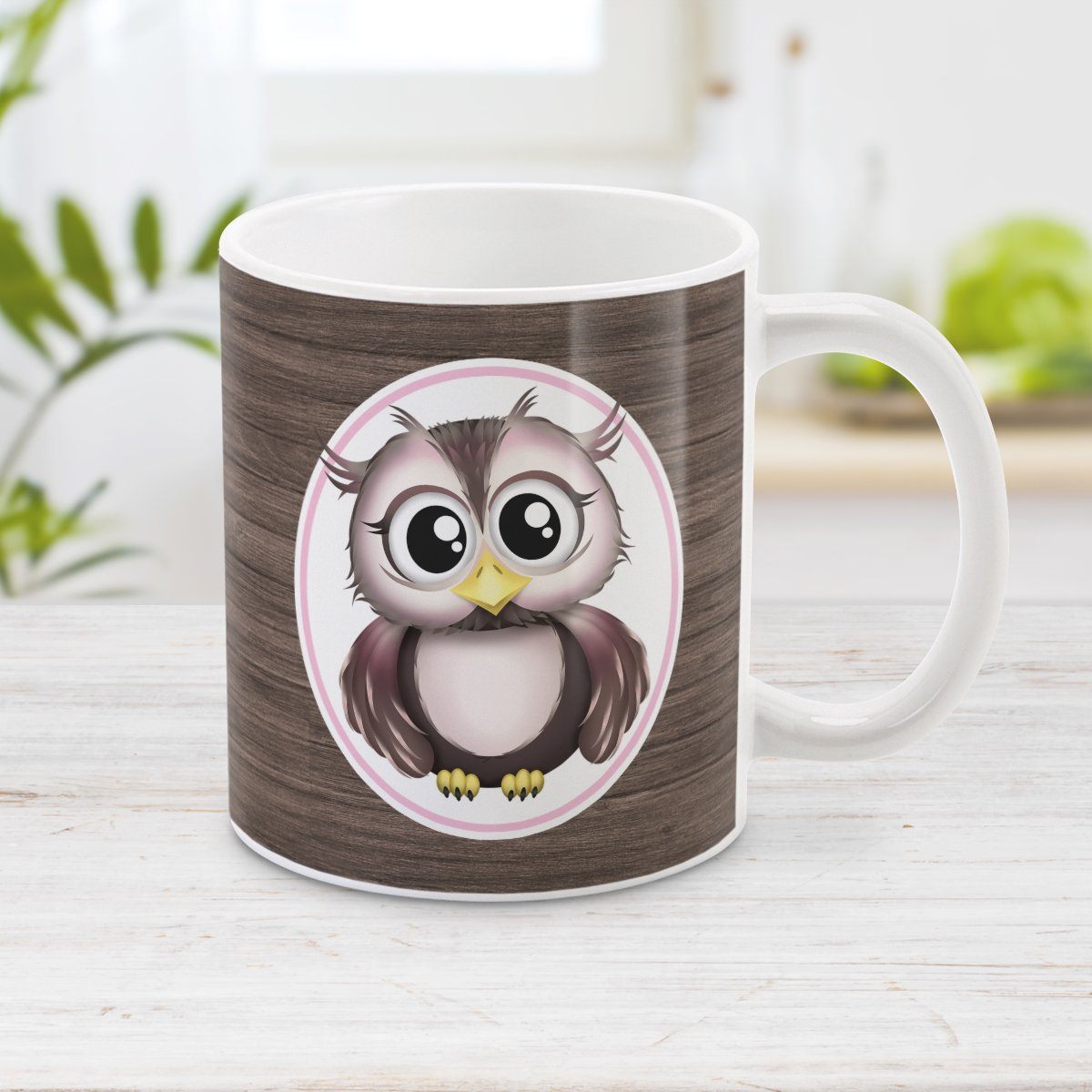 Rustic Wood Pink and Brown Owl Mug at Amy's Coffee Mugs