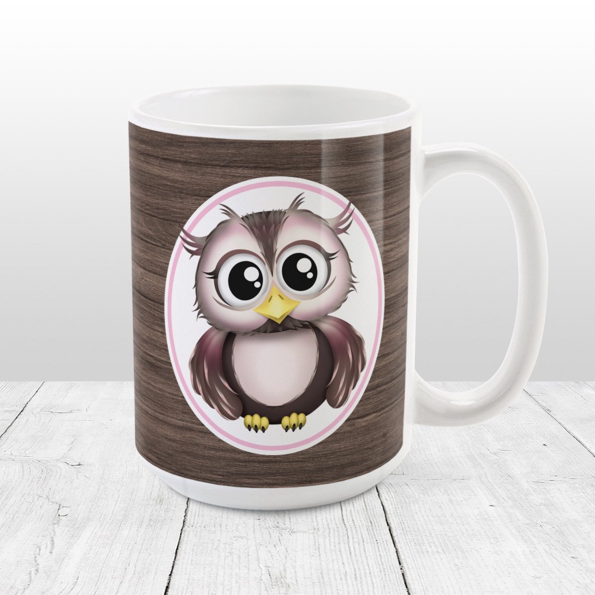 Rustic Wood Pink and Brown Owl Mug at Amy's Coffee Mugs