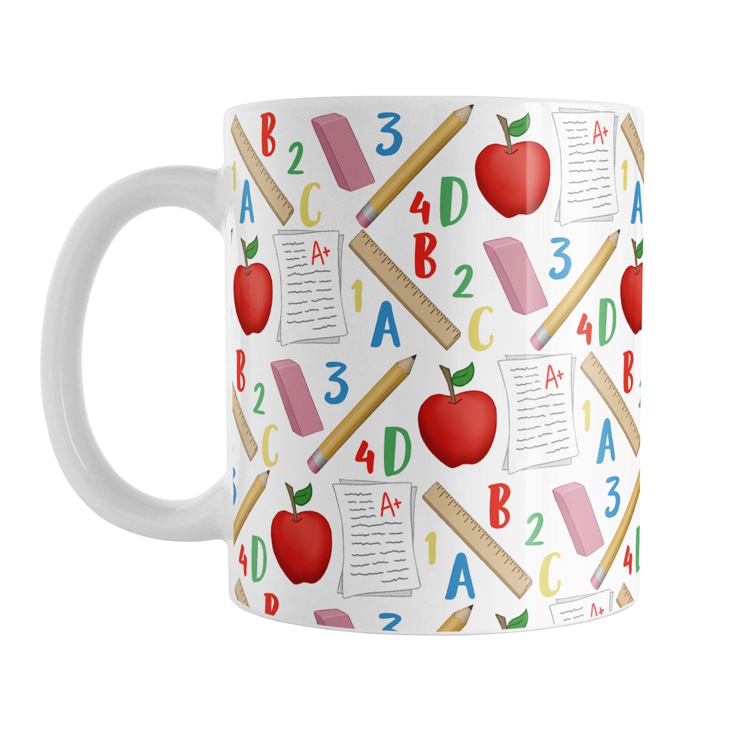 School Pattern Mug (11oz) at Amy's Coffee Mugs. A ceramic coffee mug designed with a school-themed pattern with apples, rulers, erasers, graded papers, numbers, and letters that wraps around the mug to the handle. 