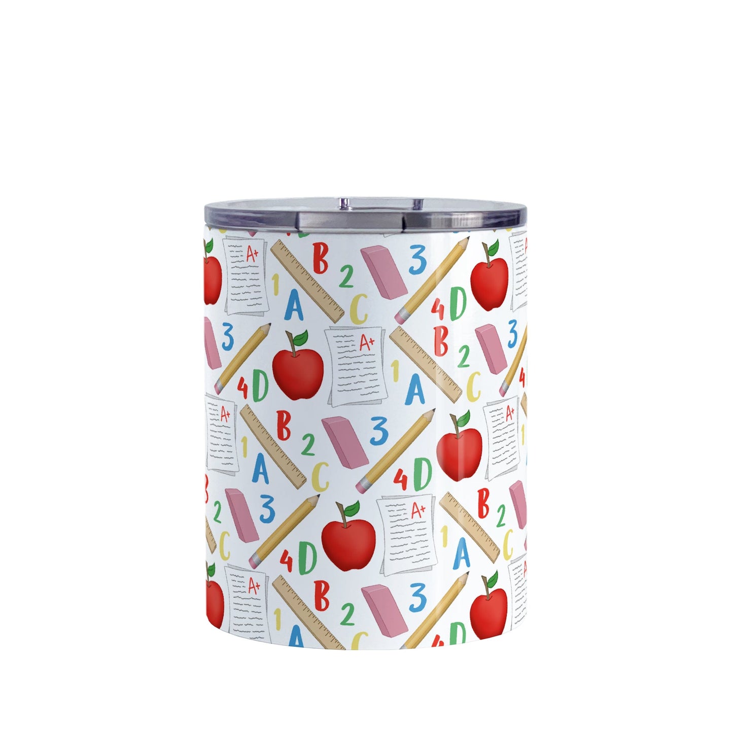 School Pattern Tumbler Cup (10oz) at Amy's Coffee Mugs. A stainless steel tumbler cup designed with a school-themed pattern that wraps around the cup with apples, rulers, erasers, graded papers, numbers, and letters.