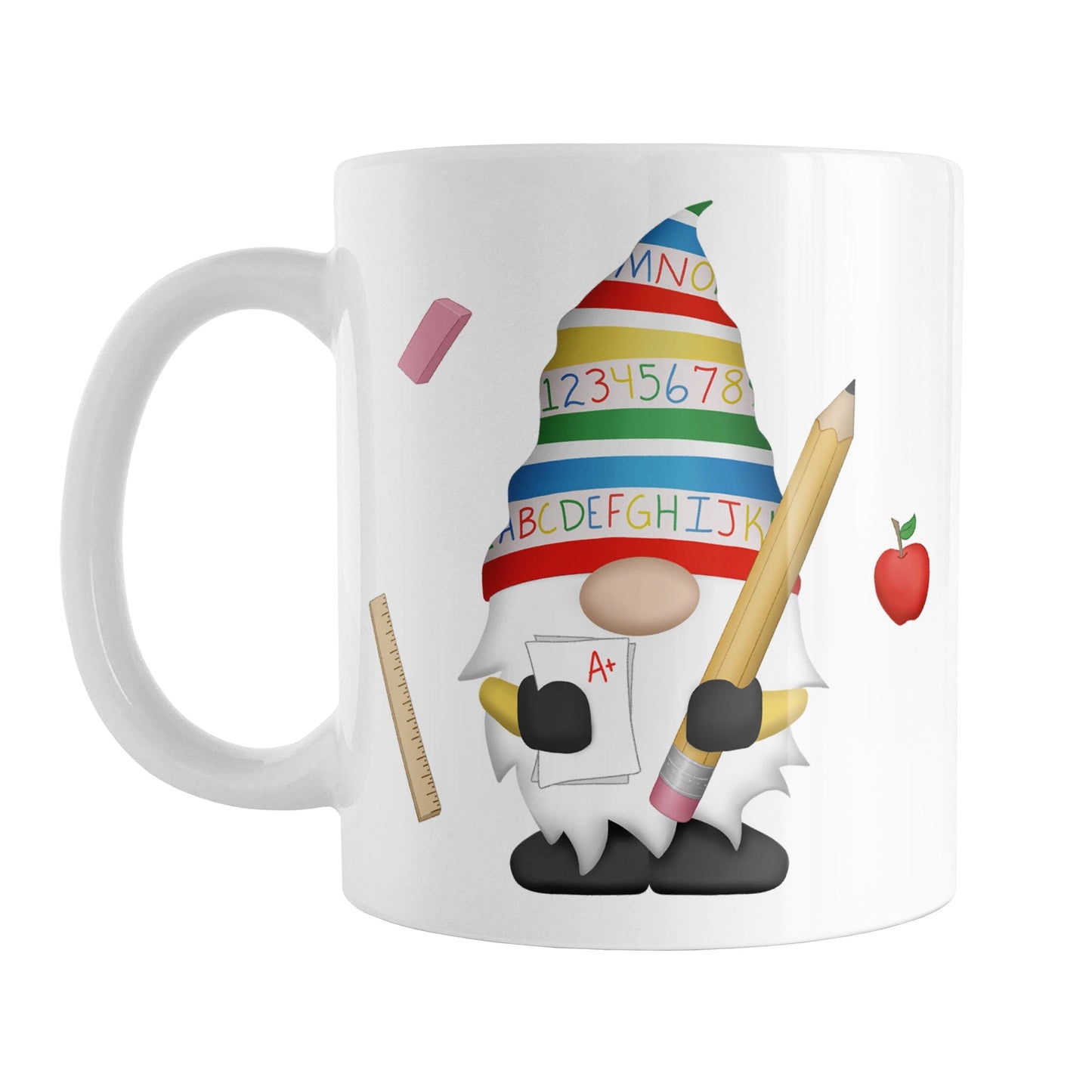 School Teacher Gnome Mug (11oz) at Amy's Coffee Mugs. A ceramic coffee mug designed with an illustration of an adorable gnome wearing a festive hat with numbers and letters in primary colors and holding a large oversized pencil and graded A+ paper. Around the gnome is an eraser, a ruler, and a red apple.