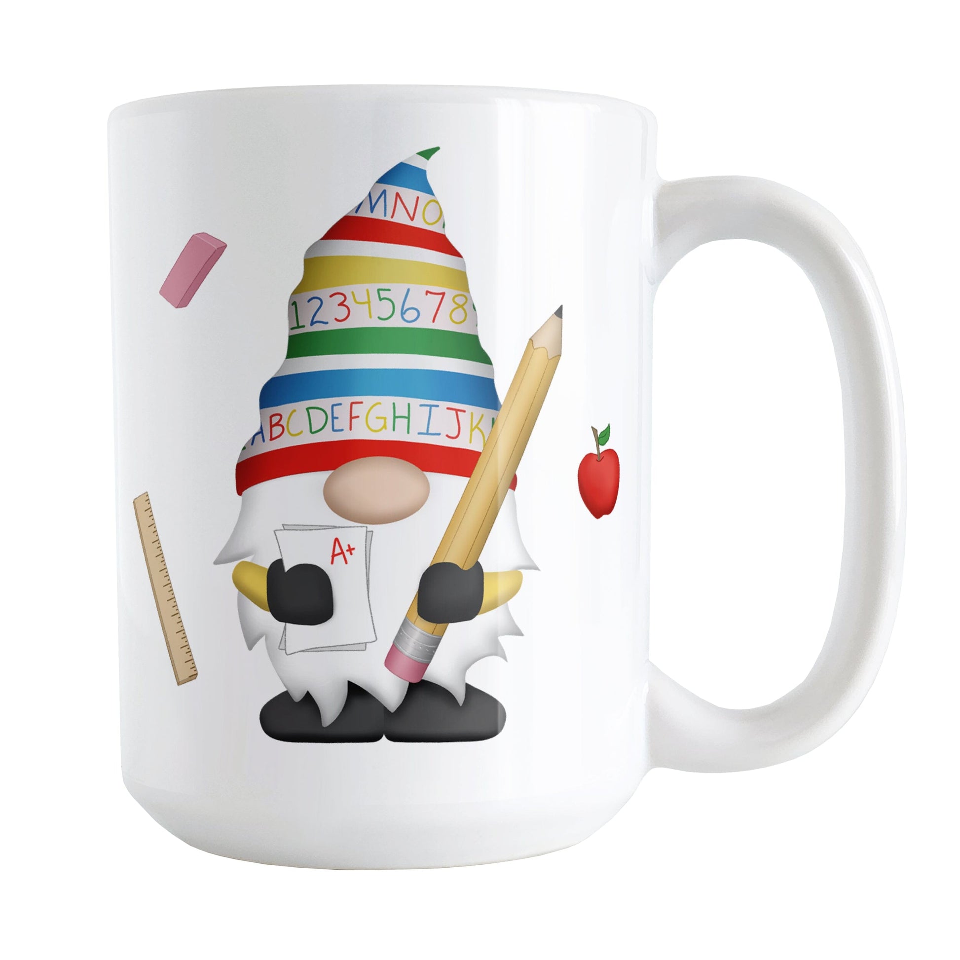 School Teacher Gnome Mug (15oz) at Amy's Coffee Mugs. A ceramic coffee mug designed with an illustration of an adorable gnome wearing a festive hat with numbers and letters in primary colors and holding a large oversized pencil and graded A+ paper. Around the gnome is an eraser, a ruler, and a red apple.