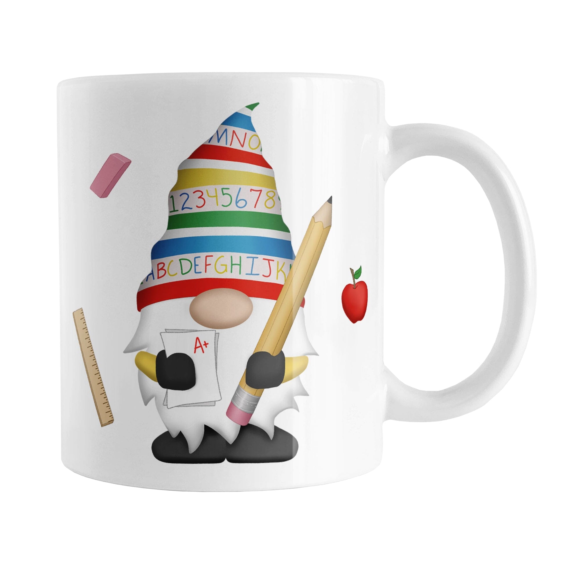 School Teacher Gnome Mug (11oz) at Amy's Coffee Mugs. A ceramic coffee mug designed with an illustration of an adorable gnome wearing a festive hat with numbers and letters in primary colors and holding a large oversized pencil and graded A+ paper. Around the gnome is an eraser, a ruler, and a red apple.