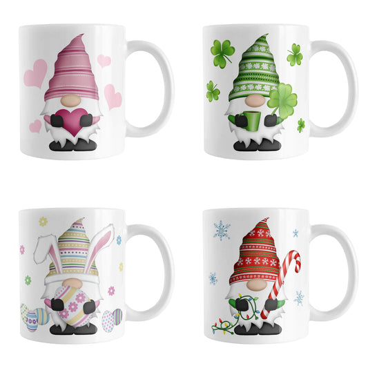 Set of 4 Holiday Gnome Mugs in 11oz size featuring designs and illustrations of gnomes in 4 holiday themes including Valentine's Day, St. Patrick's Day, Easter, and Christmas.