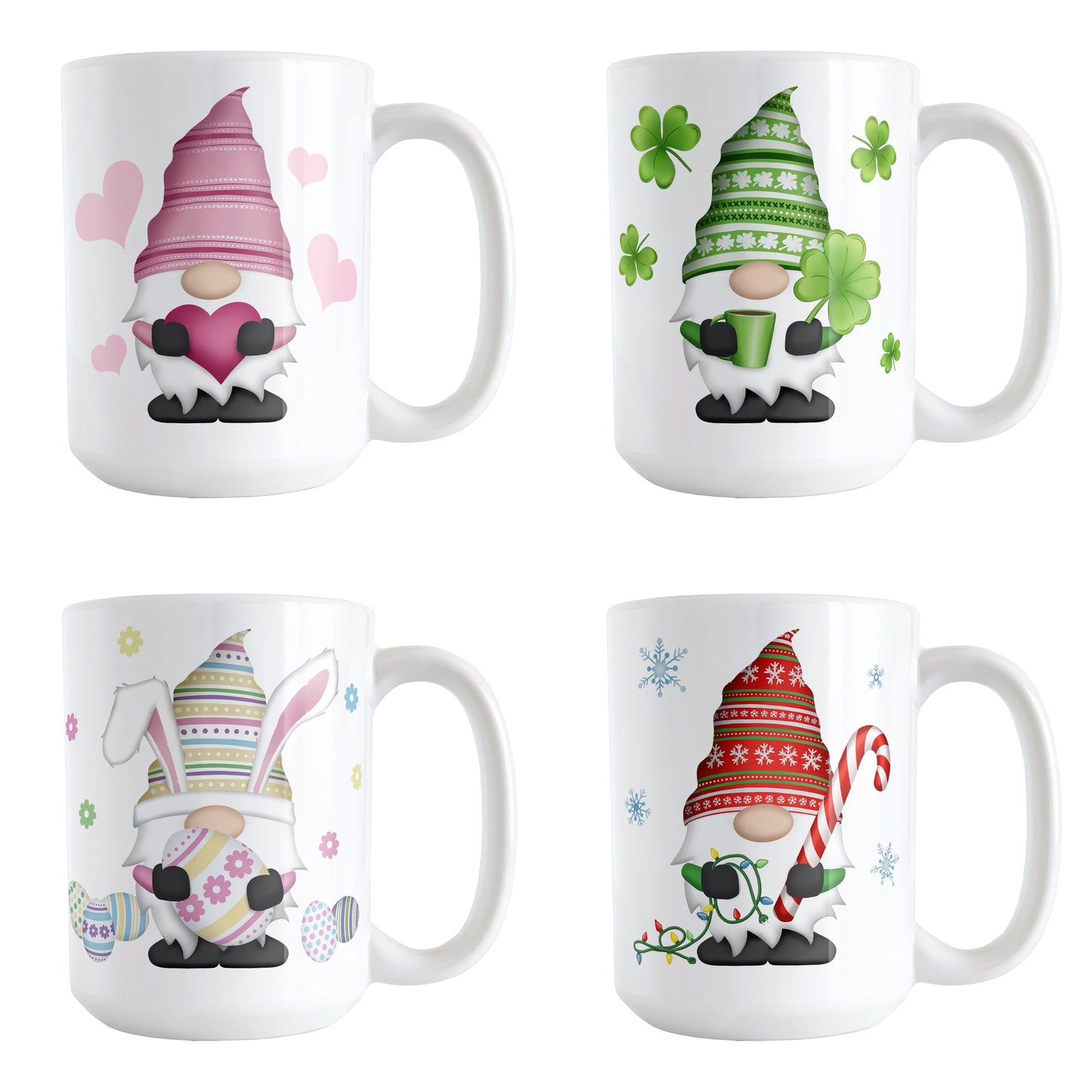 Set of 4 Holiday Gnome Mugs in 15oz size featuring designs and illustrations of gnomes in 4 holiday themes including Valentine's Day, St. Patrick's Day, Easter, and Christmas.