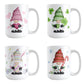 Set of 4 Holiday Gnome Mugs in 15oz size featuring designs and illustrations of gnomes in 4 holiday themes including Valentine's Day, St. Patrick's Day, Easter, and Christmas.