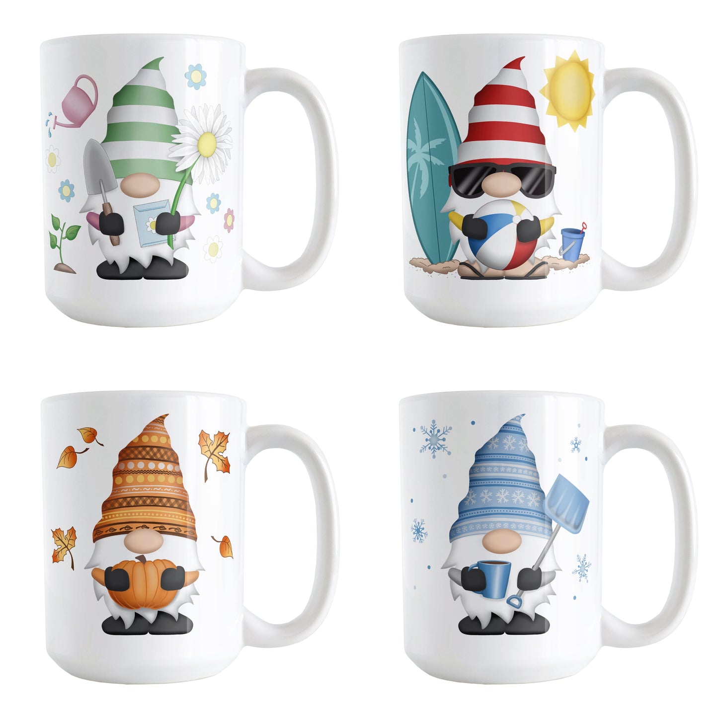 Set of 4 Seasonal Gnome Mugs (15oz) designed and illustrated with different seasonal themes including spring, summer, fall, and winter. Gnome mug gift set.