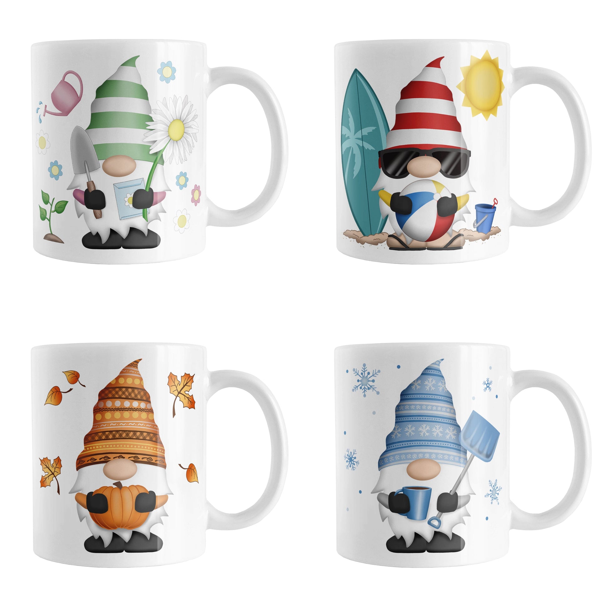 Set of 4 Seasonal Gnome Mugs (11oz) designed and illustrated with different seasonal themes including spring, summer, fall, and winter. Gnome mug gift set.