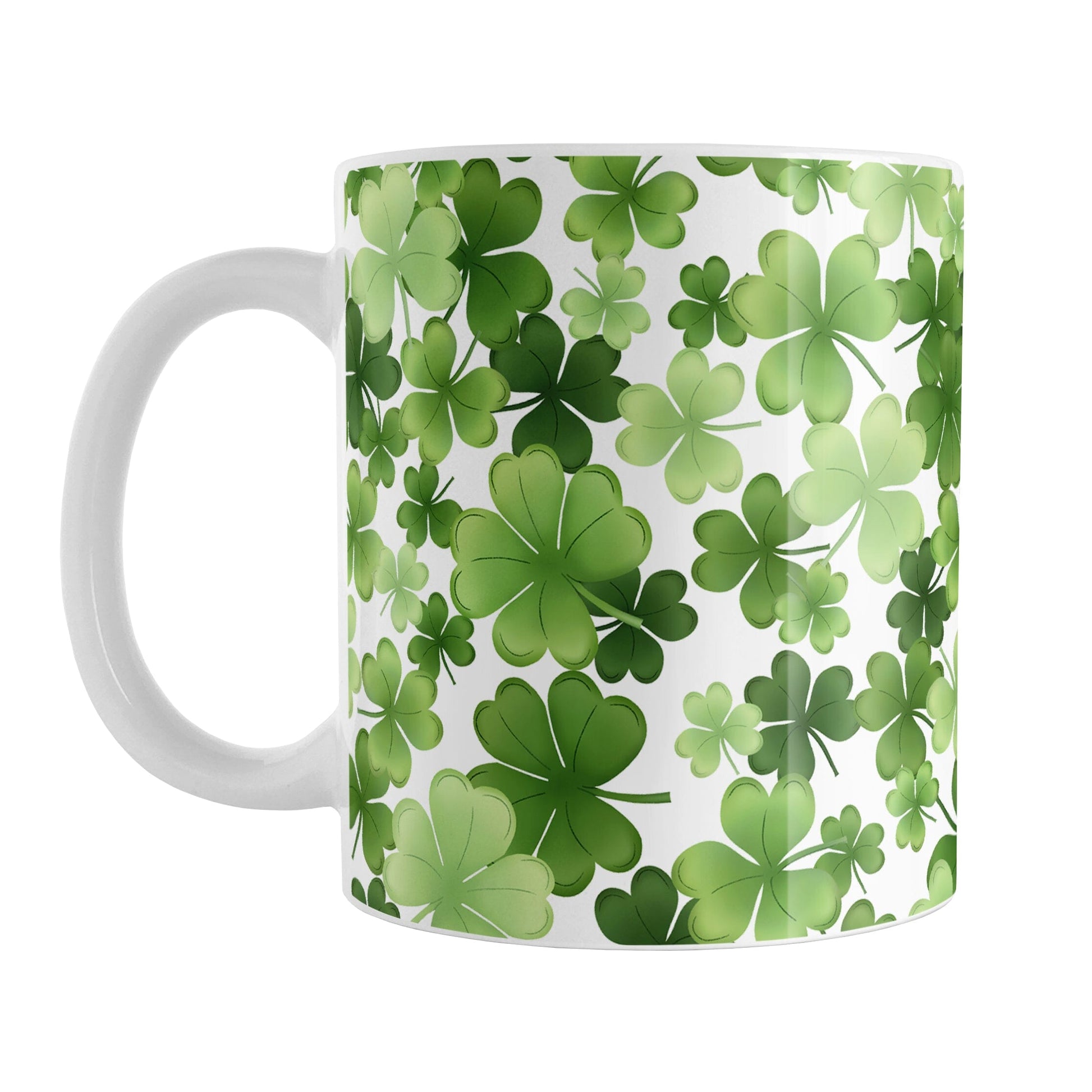Shamrocks and 4-Leaf Clovers Mug (11oz) at Amy's Coffee Mugs. A ceramic coffee mug designed with an organic-like pattern of green shamrocks and 4-leaf clovers in different shades of green. This illustrated pattern is printed around the mug to the handle. It's perfect for anyone who loves clovers and shamrocks or wants a new mug for St. Patrick's Day.