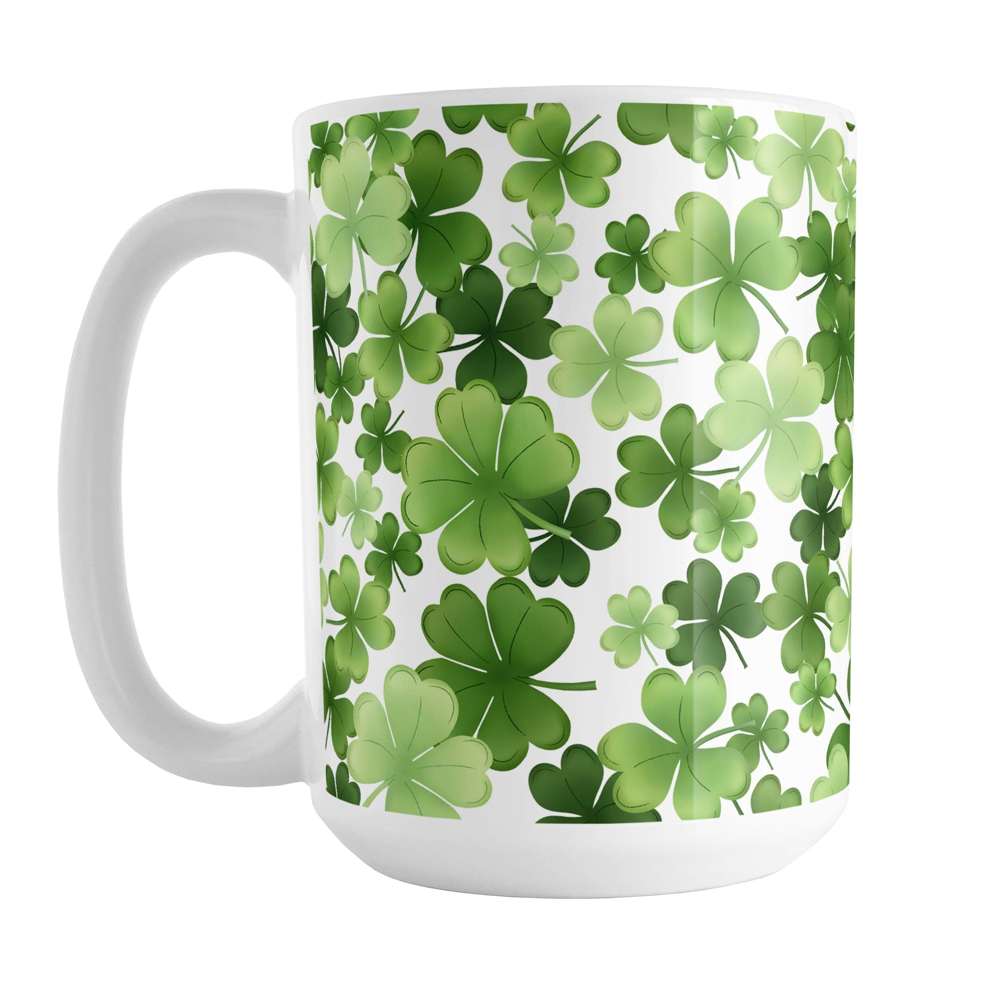 Shamrocks and 4-Leaf Clovers Mug (15oz) at Amy's Coffee Mugs. A ceramic coffee mug designed with an organic-like pattern of green shamrocks and 4-leaf clovers in different shades of green. This illustrated pattern is printed around the mug to the handle. It's perfect for anyone who loves clovers and shamrocks or wants a new mug for St. Patrick's Day.