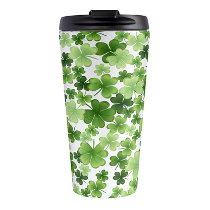 Shamrocks and 4-Leaf Clovers Travel Mug at Amy's Coffee Mugs. A stainless steel insulated travel mug designed with an organic-like pattern of green shamrocks and 4-leaf clovers in different shades of green. This illustrated pattern is printed around the travel mug.