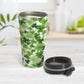 Shamrocks and 4-Leaf Clovers Travel Mug at Amy's Coffee Mugs. A stainless steel insulated travel mug designed with an organic-like pattern of green shamrocks and 4-leaf clovers in different shades of green. This illustrated pattern is printed around the travel mug. Photo shows the travel mug open with the lid on the table beside it.