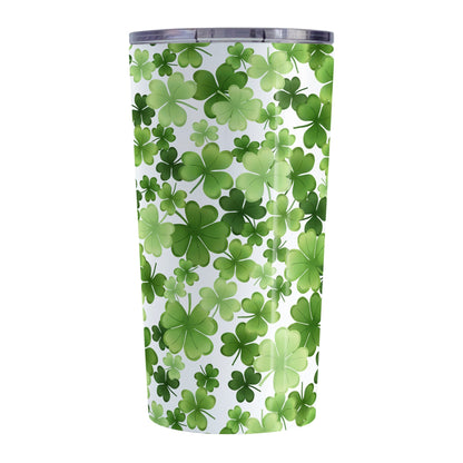 Shamrocks and 4-Leaf Clovers Tumbler Cup (20oz) at Amy's Coffee Mugs. A stainless steel insulated tumbler cup designed with an organic-like pattern of green shamrocks and 4-leaf clovers in different shades of green that wraps around the cup.