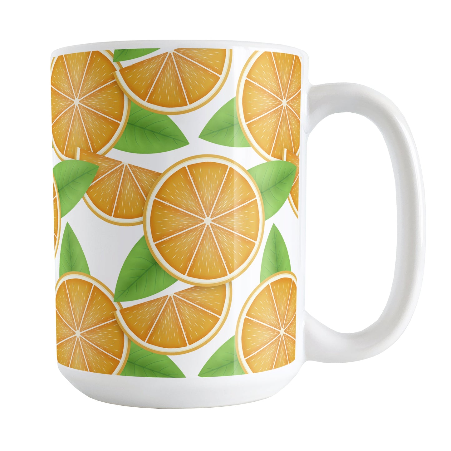 Sliced Oranges Mug (15oz) at Amy's Coffee Mugs. A ceramic coffee mug designed with an illustration of sliced oranges in halves and wedges with green leaves in a pattern that wraps around the mug to the handle.