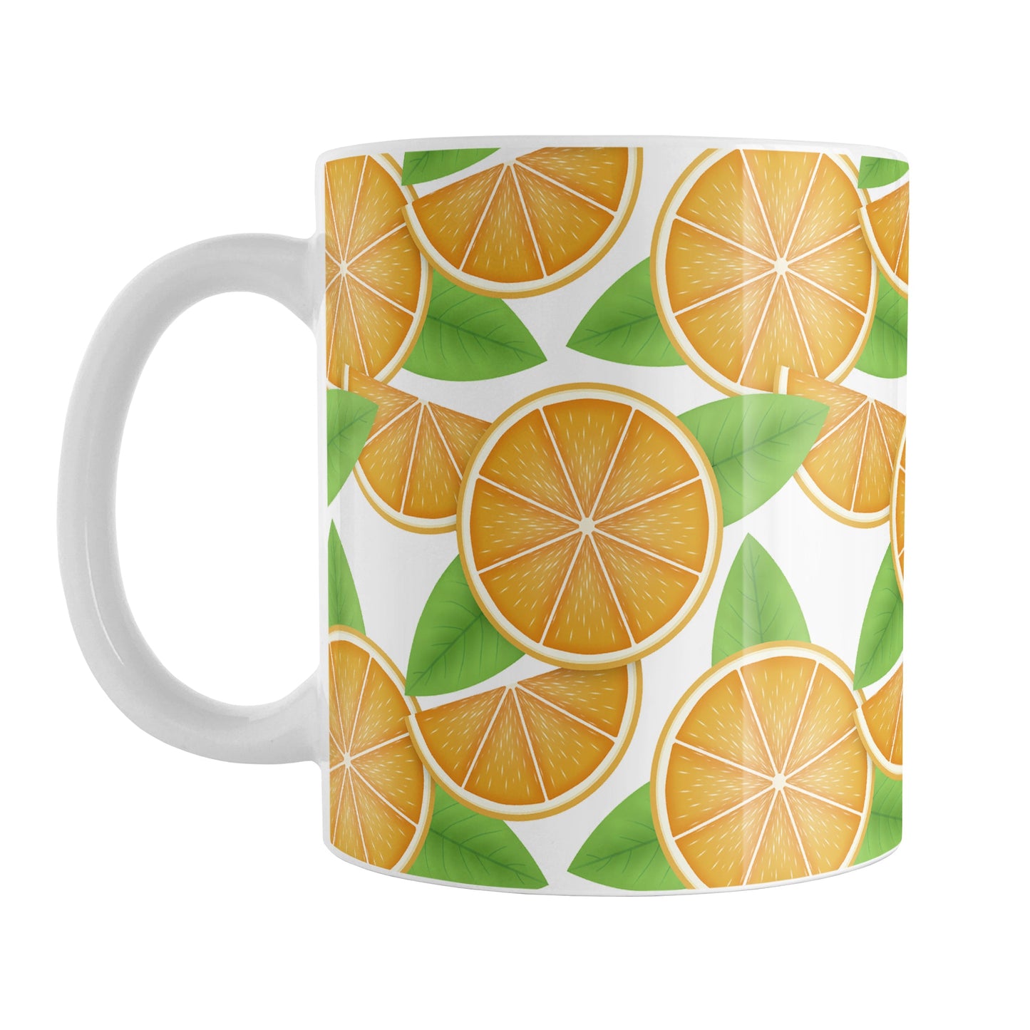 Sliced Oranges Mug (11oz) at Amy's Coffee Mugs. A ceramic coffee mug designed with an illustration of sliced oranges in halves and wedges with green leaves in a pattern that wraps around the mug to the handle.