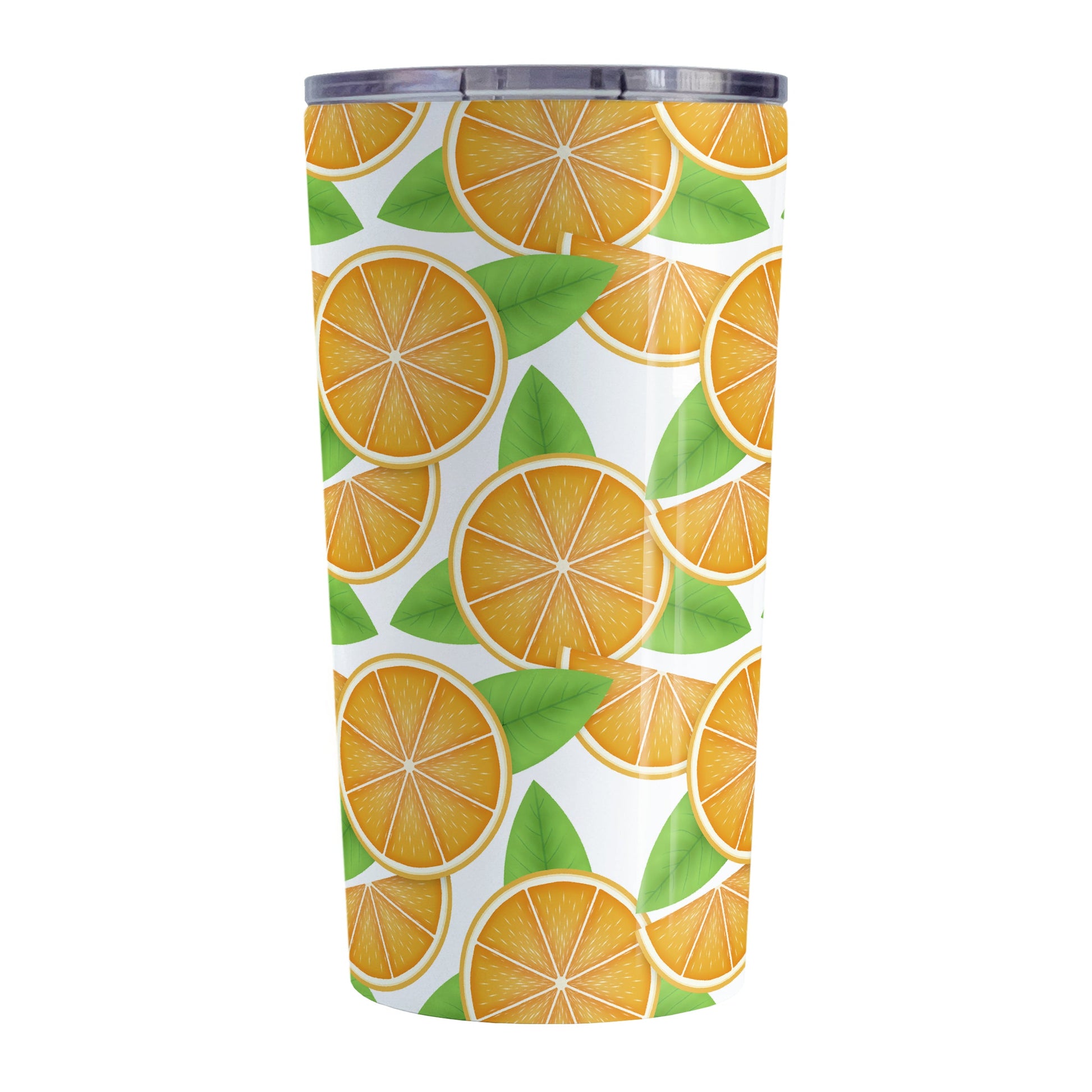 Sliced Oranges Tumbler Cup (20oz, stainless steel insulated) at Amy's Coffee Mugs. A tumbler cup designed with an illustration of sliced oranges in halves and wedges with green leaves in a pattern that wraps around the cup.