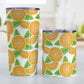 Sliced Oranges Tumbler Cup (20oz and 10oz, stainless steel insulated) at Amy's Coffee Mugs. A tumbler cup designed with an illustration of sliced oranges in halves and wedges with green leaves in a pattern that wraps around the cup. Photo shows both sized cups on a table next to each other.