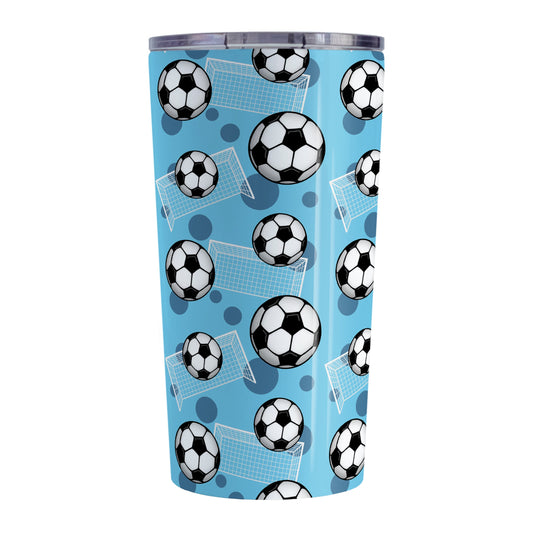 Soccer Ball and Goal Pattern Blue Tumbler Cup (20oz) at Amy's Coffee Mugs. A stainless steel insulated tumbler cup designed with a pattern of soccer balls and goals over a blue background that wraps around the cup. This blue soccer tumbler cup is perfect for people who love or play soccer.