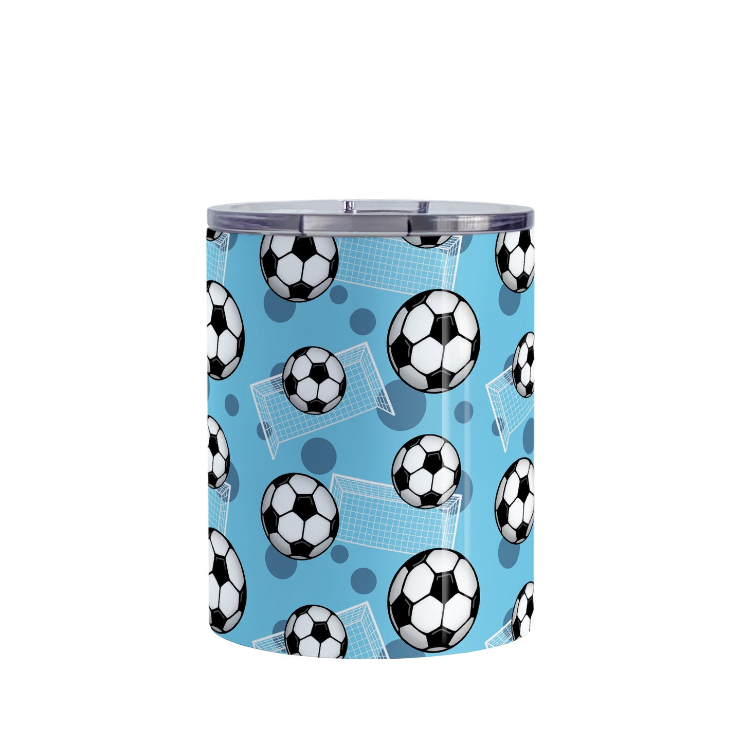 Soccer Ball and Goal Pattern Blue Tumbler Cup (10oz) at Amy's Coffee Mugs. A stainless steel insulated tumbler cup designed with a pattern of soccer balls and goals over a blue background that wraps around the cup. This blue soccer tumbler cup is perfect for people who love or play soccer.