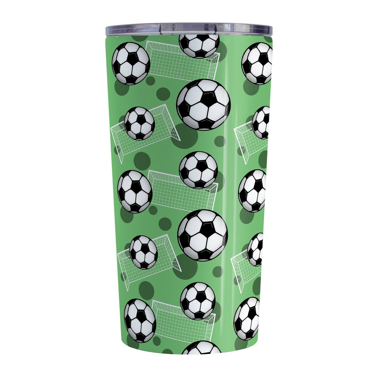 Soccer Ball and Goal Pattern Green Tumbler Cup (20oz) at Amy's Coffee Mugs. A stainless steel insulated tumbler cup designed with a pattern of soccer balls and goals over a green background that wraps around the cup. This green soccer tumbler cup is perfect for people who love or play soccer.