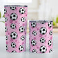 Soccer Ball and Goal Pattern Pink Tumbler Cup (20oz and 10oz) at Amy's Coffee Mugs. Stainless steel insulated tumbler cups designed with a pattern of soccer balls and goals over a pink background that wraps around the cups. These pink soccer tumbler cups are perfect for people who love or play soccer. Photo shows both sized cups next to each other.