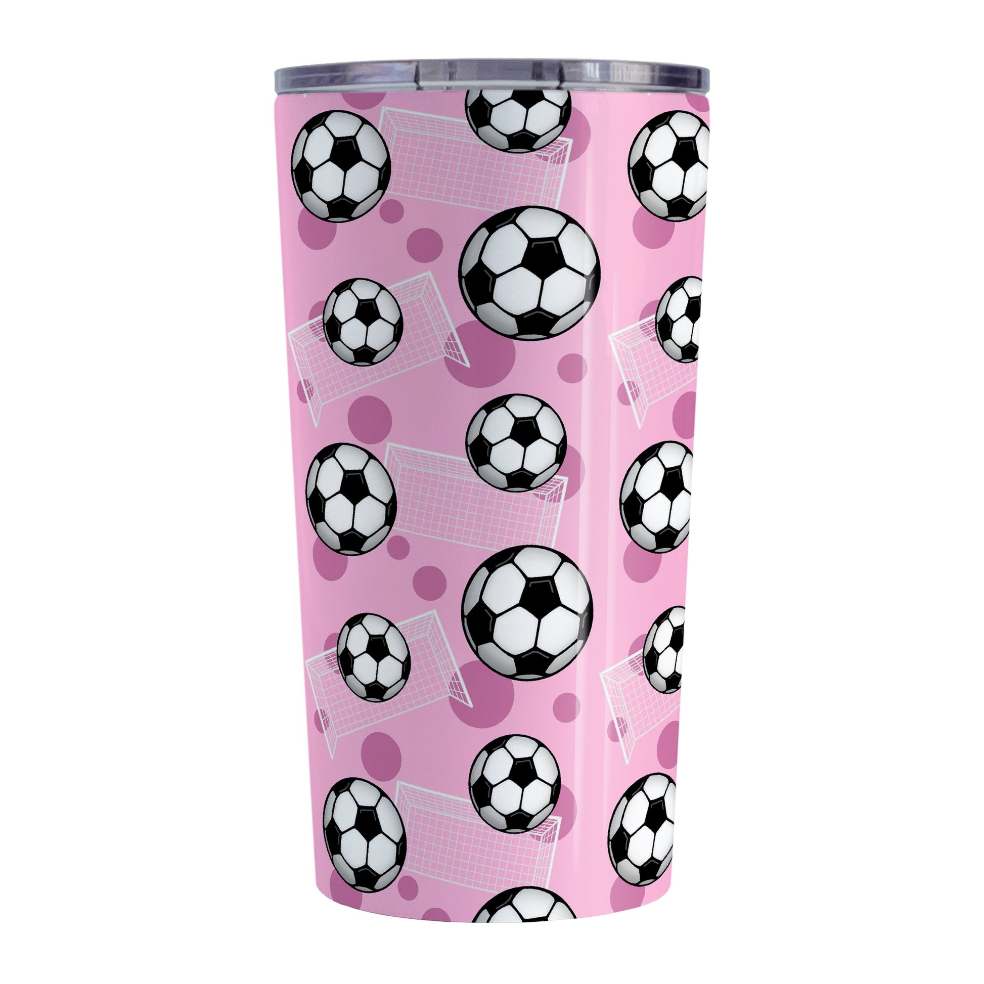 Soccer Ball and Goal Pattern Pink Tumbler Cup (20oz) at Amy's Coffee Mugs. A stainless steel insulated tumbler cup designed with a pattern of soccer balls and goals over a pink background that wraps around the cup. This pink soccer tumbler cup is perfect for people who love or play soccer.