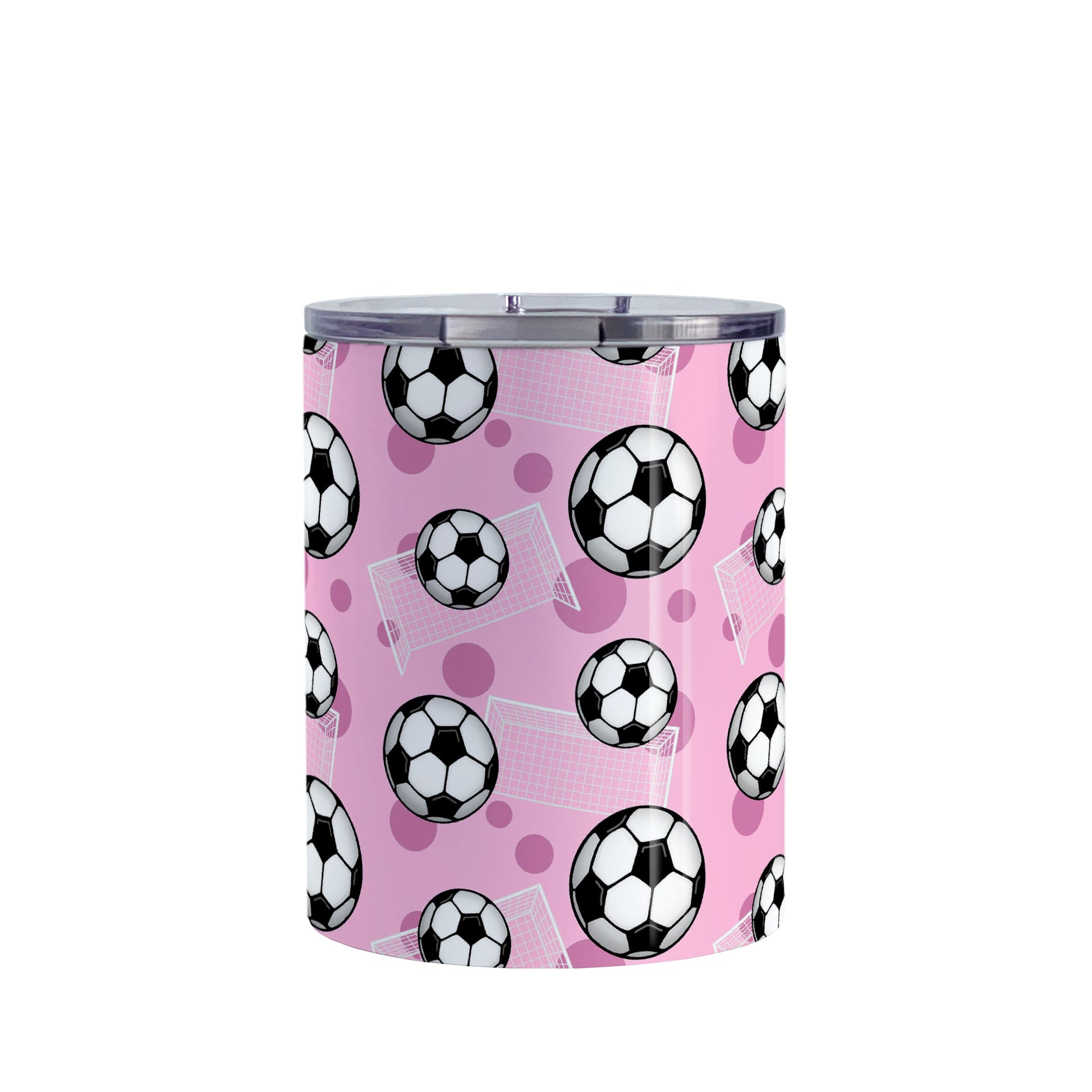 Soccer Ball and Goal Pattern Pink Tumbler Cup (10oz) at Amy's Coffee Mugs. A stainless steel insulated tumbler cup designed with a pattern of soccer balls and goals over a pink background that wraps around the cup. This pink soccer tumbler cup is perfect for people who love or play soccer.
