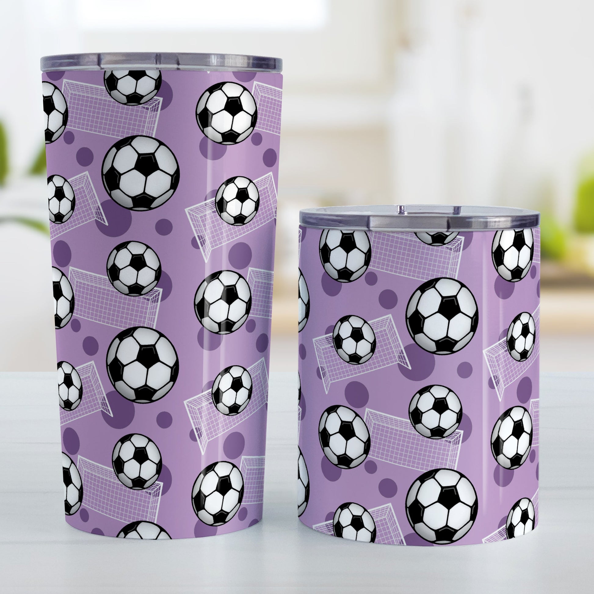 Soccer Ball and Goal Pattern Purple Tumbler Cup (20oz and 10oz, stainless steel insulated) at Amy's Coffee Mugs