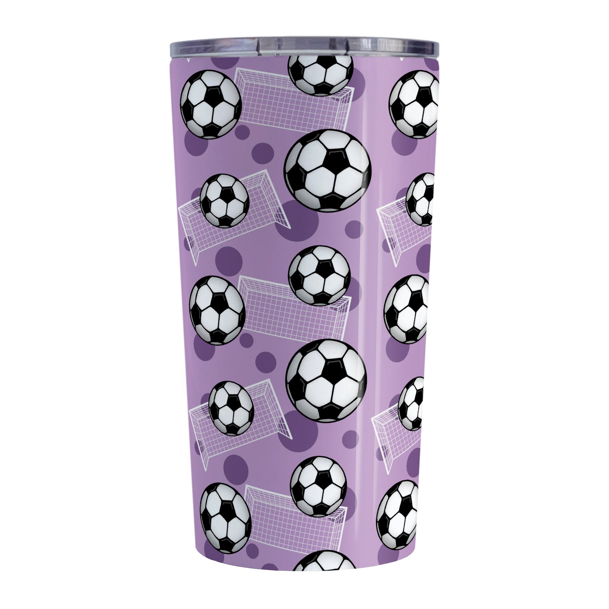 Soccer Ball and Goal Pattern Purple Tumbler Cup (20oz, stainless steel insulated) at Amy's Coffee Mugs
