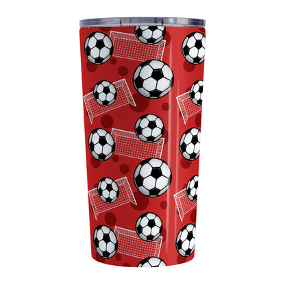 Soccer Ball and Goal Pattern Red Tumbler Cup (20oz) at Amy's Coffee Mugs. A stainless steel insulated tumbler cup designed with a pattern of soccer balls and goals over a red background that wraps around the cup. This red soccer tumbler cup is perfect for people who love or play soccer.