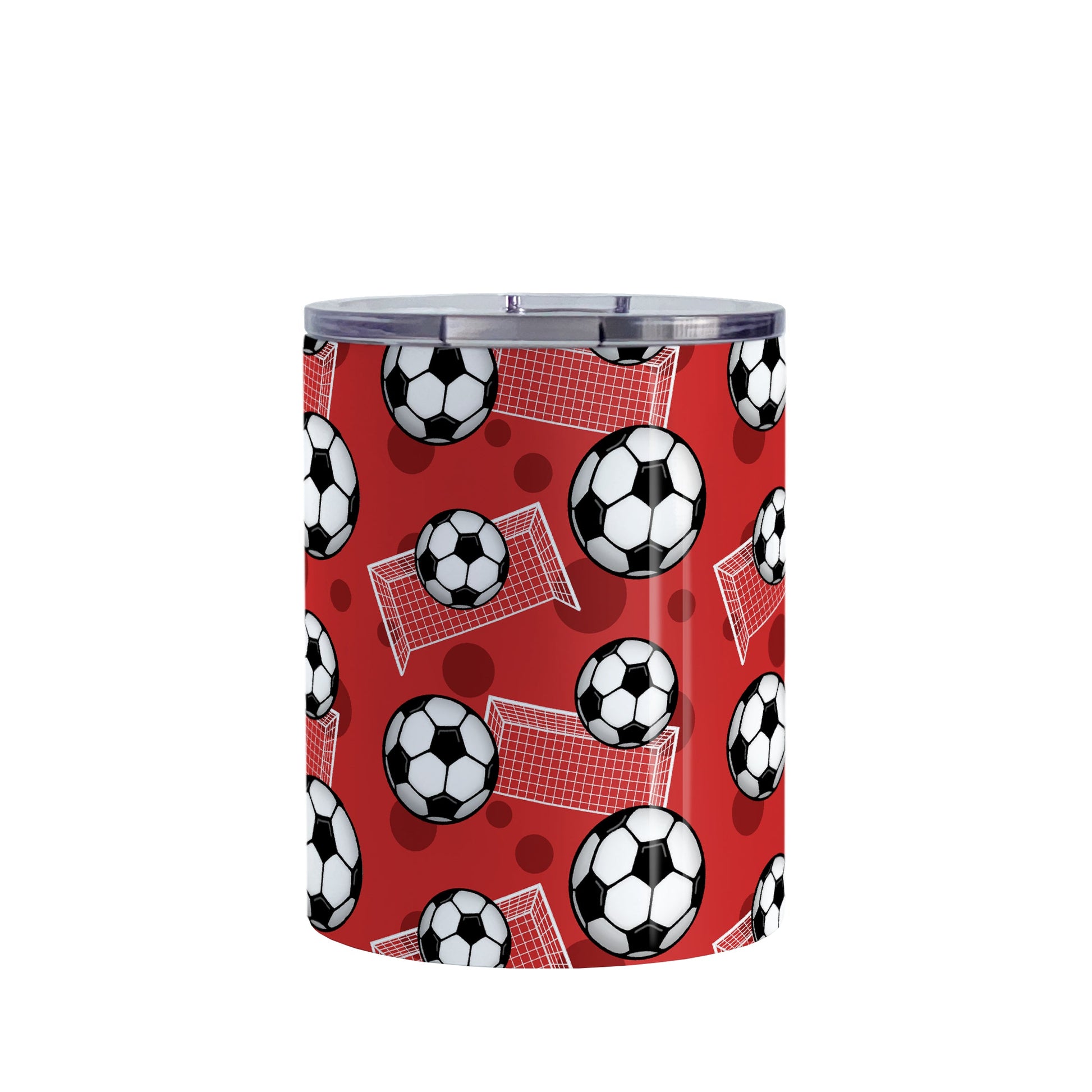 Soccer Ball and Goal Pattern Red Tumbler Cup (10oz) at Amy's Coffee Mugs. A stainless steel insulated tumbler cup designed with a pattern of soccer balls and goals over a red background that wraps around the cup. This red soccer tumbler cup is perfect for people who love or play soccer.