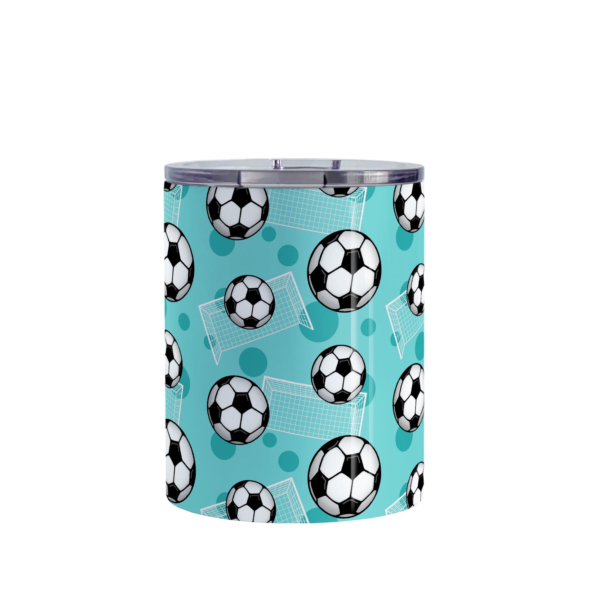 Soccer Ball and Goal Pattern Teal Tumbler Cup (10oz) at Amy's Coffee Mugs. A stainless steel insulated tumbler cup designed with a pattern of soccer balls and goals over a teal background that wraps around the cup. This teal soccer tumbler cup is perfect for people who love or play soccer.