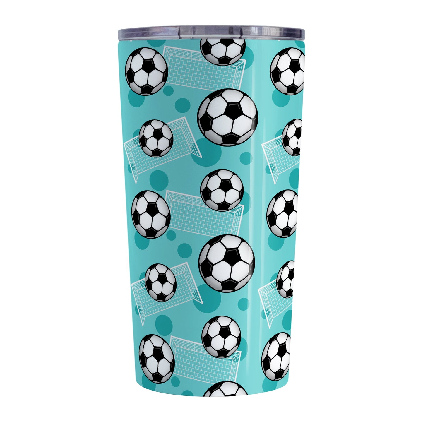 Soccer Ball and Goal Pattern Teal Tumbler Cup (20oz) at Amy's Coffee Mugs. A stainless steel insulated tumbler cup designed with a pattern of soccer balls and goals over a teal background that wraps around the cup. This teal soccer tumbler cup is perfect for people who love or play soccer.