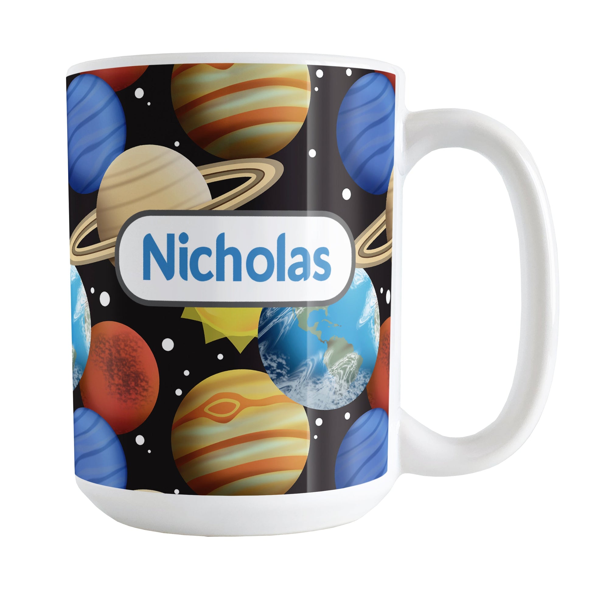 Space Planets Pattern Personalized Space Mug (15oz) at Amy's Coffee Mugs. A ceramic coffee mug designed with a space-themed pattern of planets, the sun, and stars over black that wraps around the mug up to the handle. The planets in this clustered illustration include Earth, Mars, Neptune, Jupiter, and Saturn. Your personalized name is printed in blue within a white rounded rectangular design on both sides of the mug.