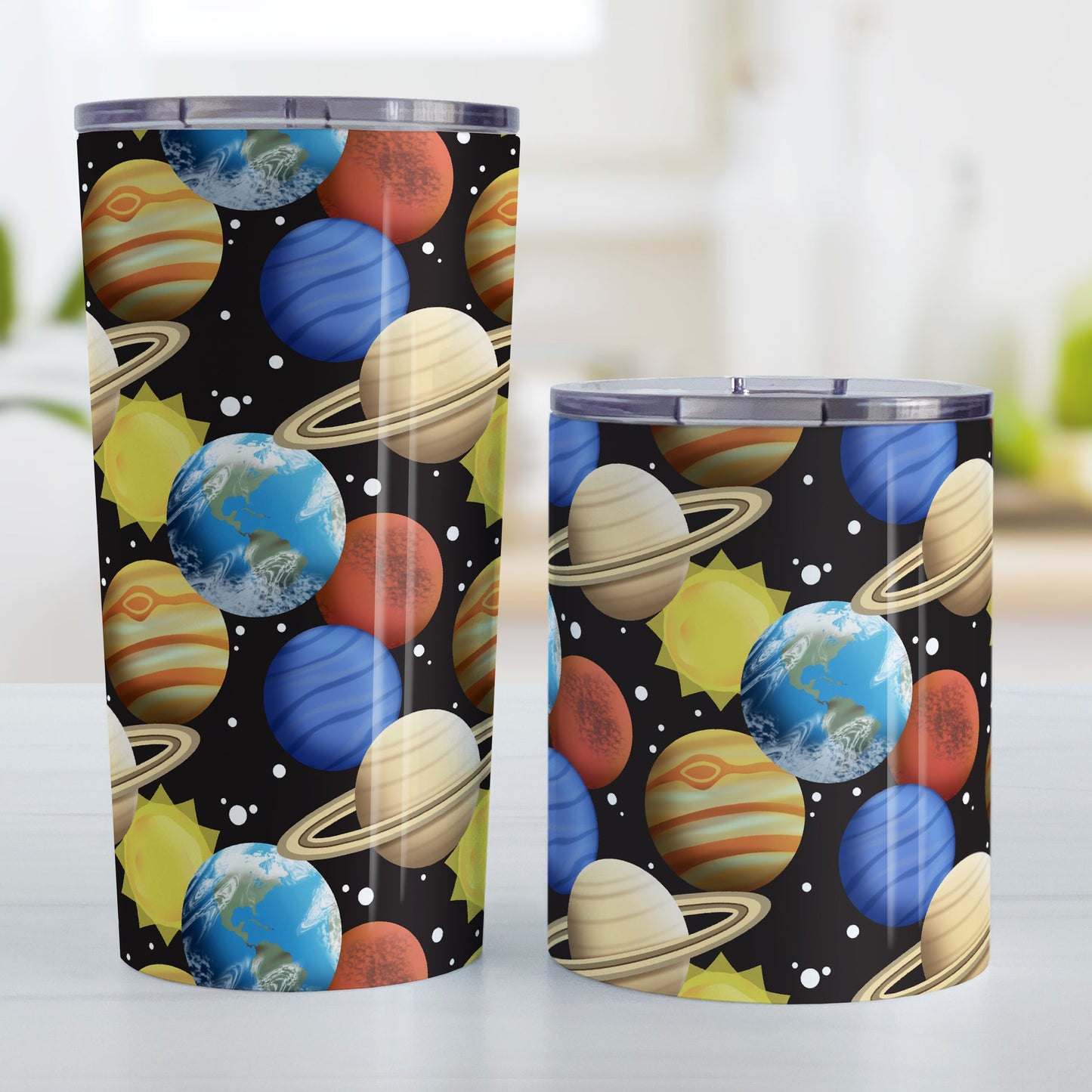 Space Planets Pattern - Space Tumbler Cup (20oz and 10oz, stainless steel insulated) at Amy's Coffee Mugs