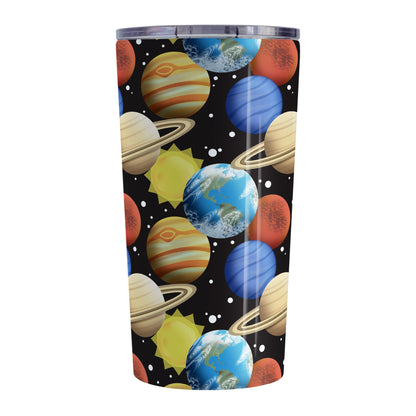 Space Planets Pattern - Space Tumbler Cup (20oz, stainless steel insulated) at Amy's Coffee Mugs. A tumbler cup designed with a space themed pattern of planets, the sun, and stars over black that wraps around the cup. The planets include Earth, Mars, Neptune, Jupiter, and Saturn.