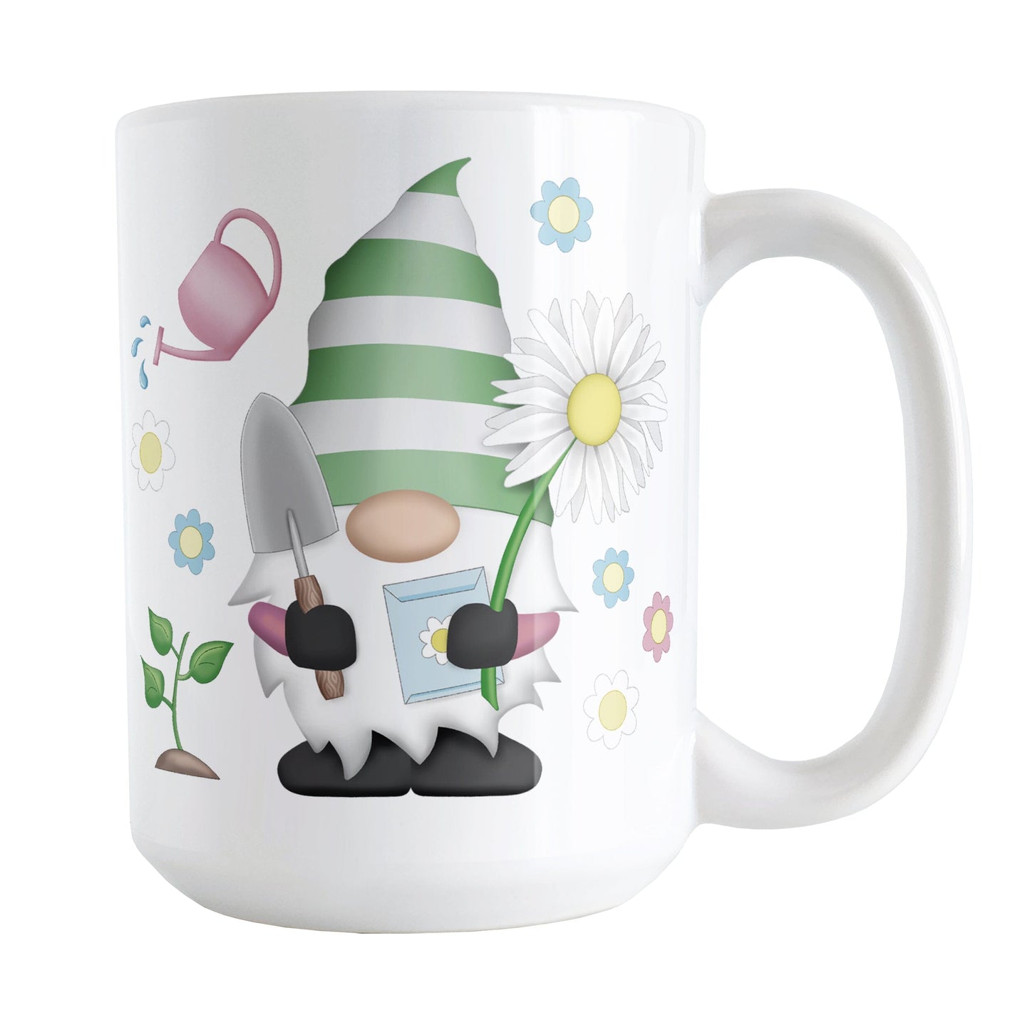 Spring Gardening Gnome Mug (15oz) at Amy's Coffee Mugs. A ceramic coffee mug designed with an adorable gnome in spring colors holding a gardening spade, seeds packet, and an oversized daisy, with a plant, watering can and flowers around him.