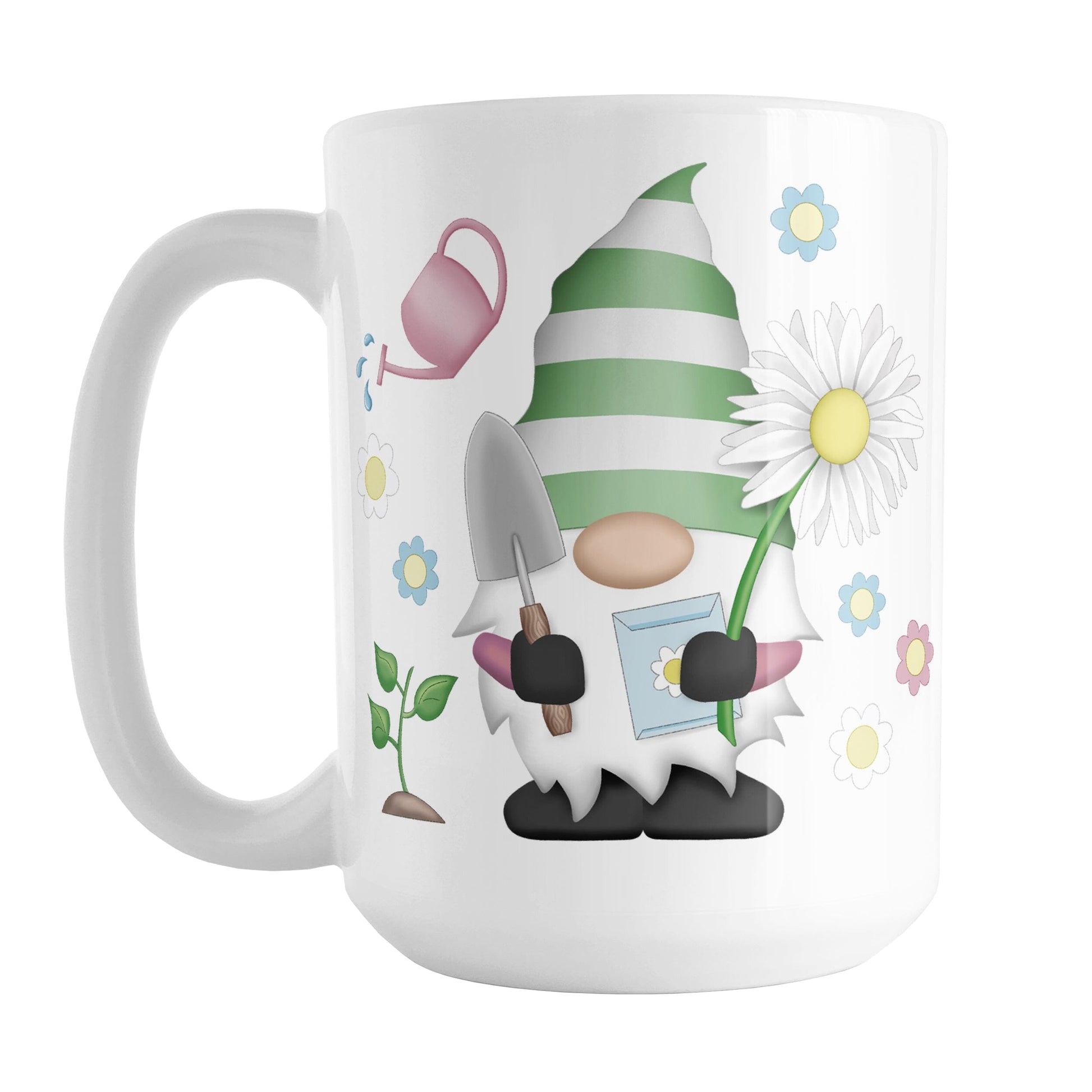 Spring Gardening Gnome Mug (15oz) at Amy's Coffee Mugs. A ceramic coffee mug designed with an adorable gnome in spring colors holding a gardening spade, seeds packet, and an oversized daisy, with a plant, watering can and flowers around him.