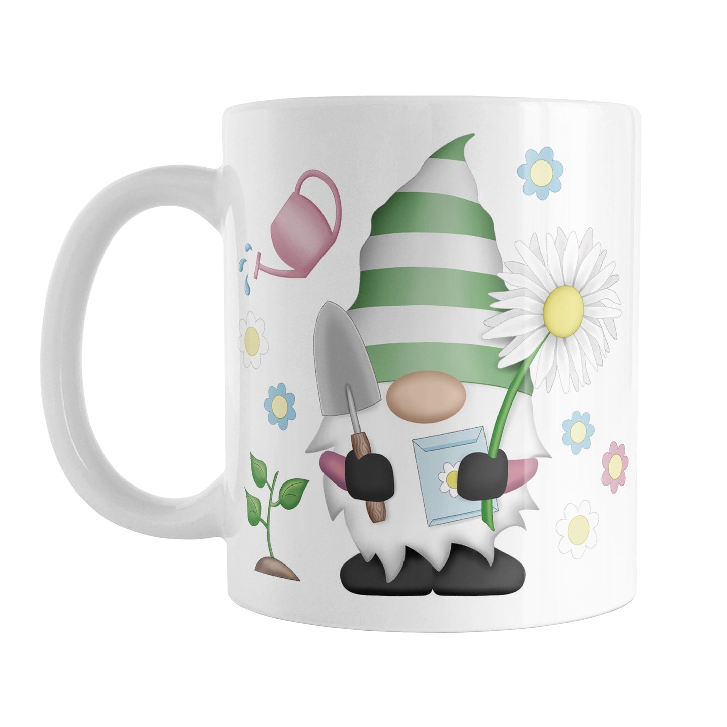 Spring Gardening Gnome Mug (11oz) at Amy's Coffee Mugs. A ceramic coffee mug designed with an adorable gnome in spring colors holding a gardening spade, seeds packet, and an oversized daisy, with a plant, watering can and flowers around him.
