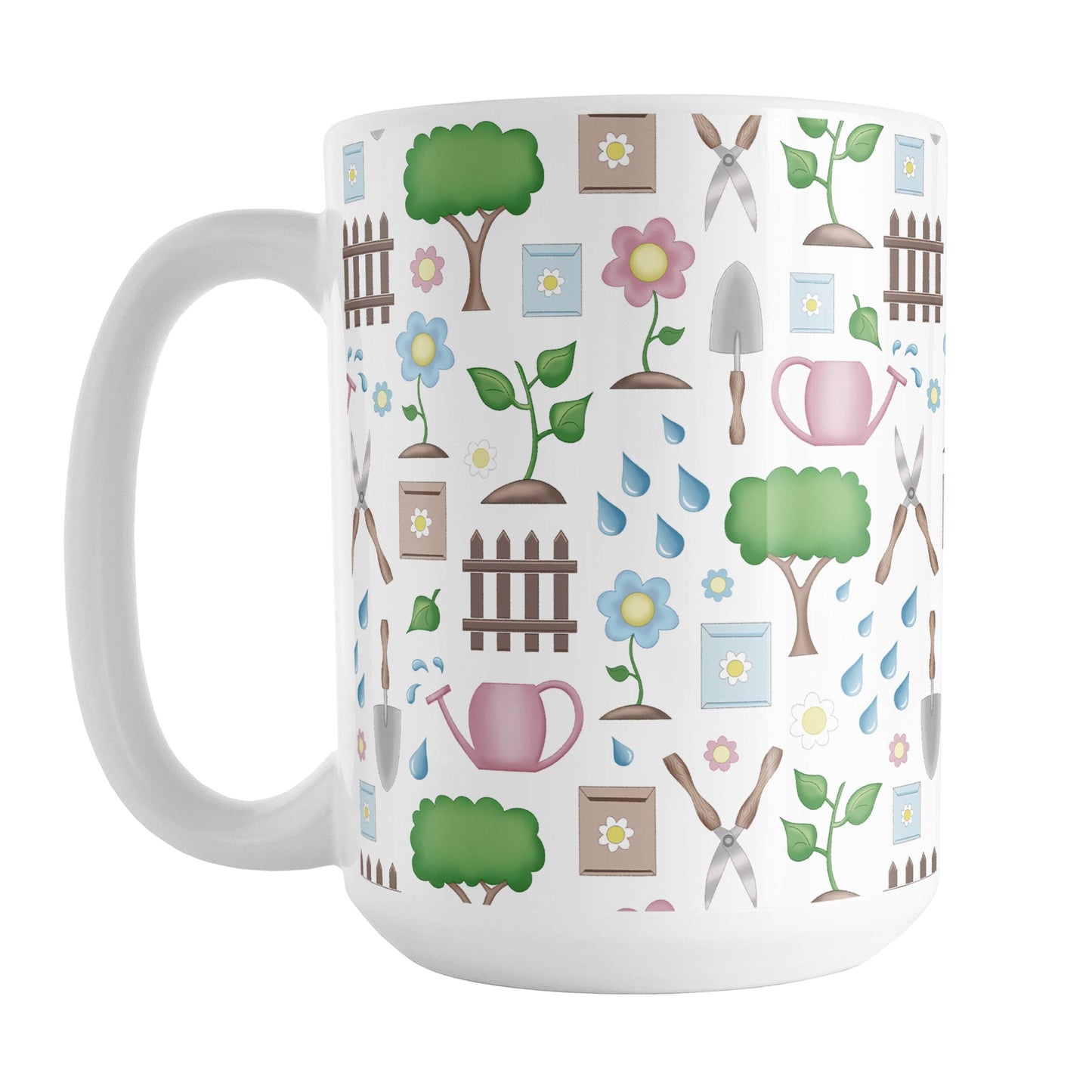 Spring Gardening Pattern Mug (15oz) at Amy's Coffee Mugs. A ceramic coffee mug designed with a springtime gardening pattern with trees, plants, flowers, seed packets, watering cans, fences, and gardening tools in spring colors such as pink, blue, green, and brown. 