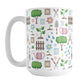 Spring Gardening Pattern Mug (15oz) at Amy's Coffee Mugs. A ceramic coffee mug designed with a springtime gardening pattern with trees, plants, flowers, seed packets, watering cans, fences, and gardening tools in spring colors such as pink, blue, green, and brown. 